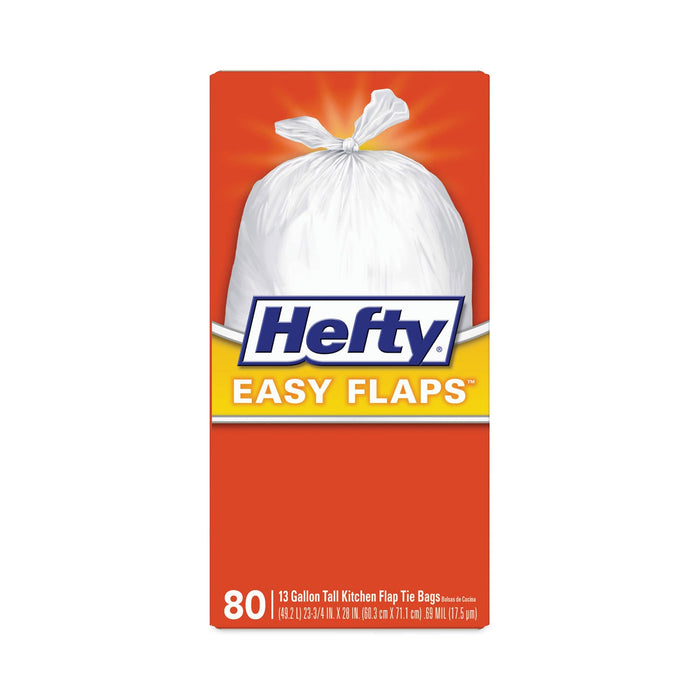 Hefty Easy Flaps Trash Bags, 13 gal, 0.8 mil, 23.75" x 28", White, 80/Box
