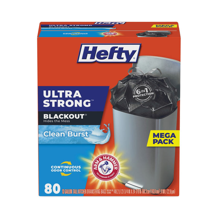 Hefty Ultra Strong BlackOut Tall-Kitchen Drawstring Bags, 13 gal, 0.9 mil, 23.75" x 24.88", Black, 240/Carton