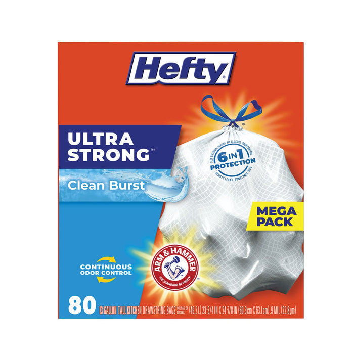 Hefty Ultra Strong Scented Tall White Kitchen Bags, 13 gal, 0.9 mil, 24.75" x 24.88", White, 240/Carton