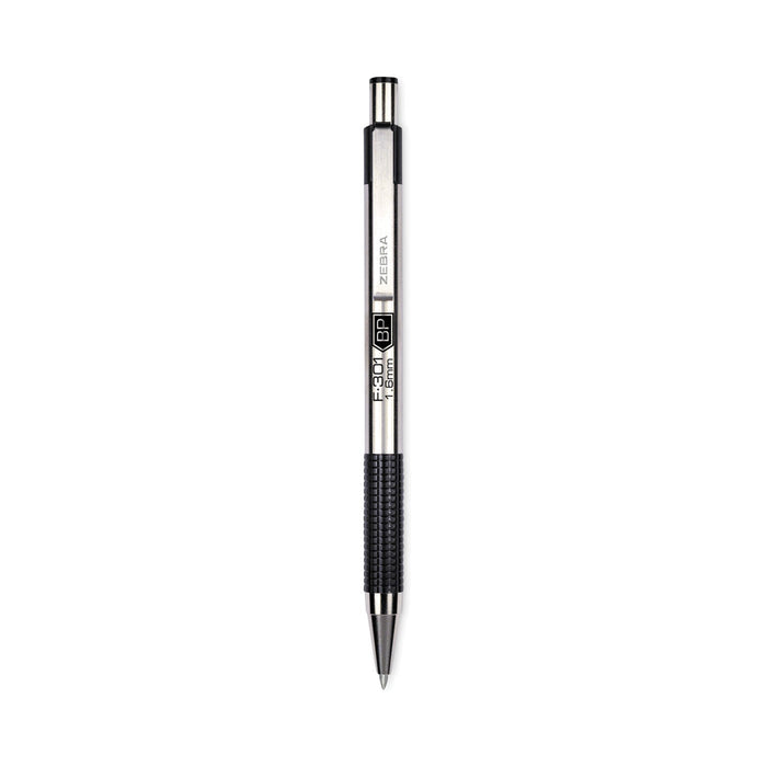 Zebra F-301 Ballpoint Pen, Retractable, Bold 1.6 mm, Black Ink, Stainless Steel/Black Barrel, 12/Pack