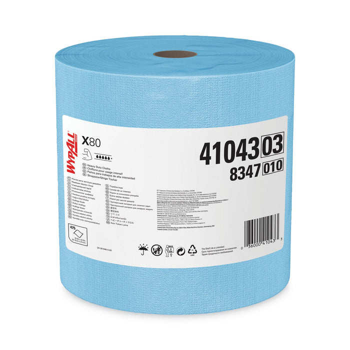 WypAll Power Clean X80 Heavy Duty Cloths, Jumbo Roll, 12.4 x 12.2, Blue, 475/Roll