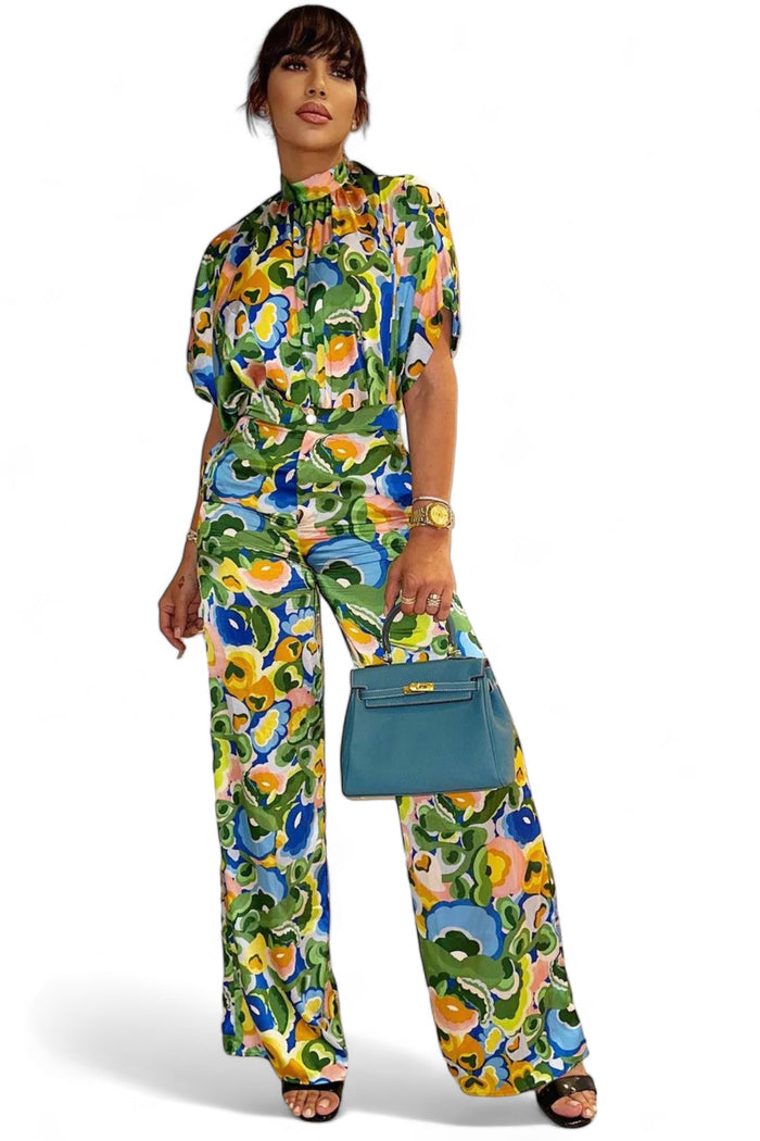 2 PC Mock Neck Short Sleeve High Waisted Wide Leg Set by The House of Stylez