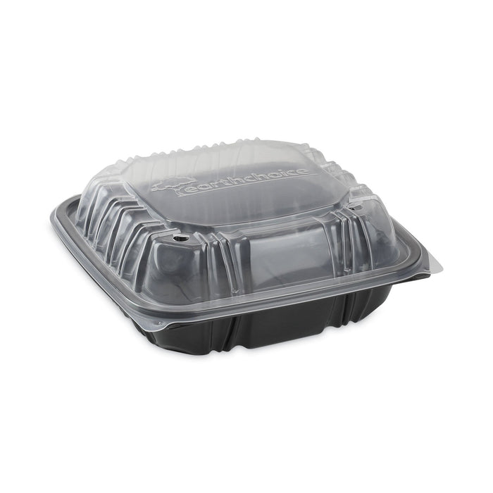 Pactiv Evergreen EarthChoice Vented Dual Color Microwavable Hinged Lid Container, 1-Compartment, 38oz, 8.5x8.5x3, Black/Clear, Plastic, 150/CT