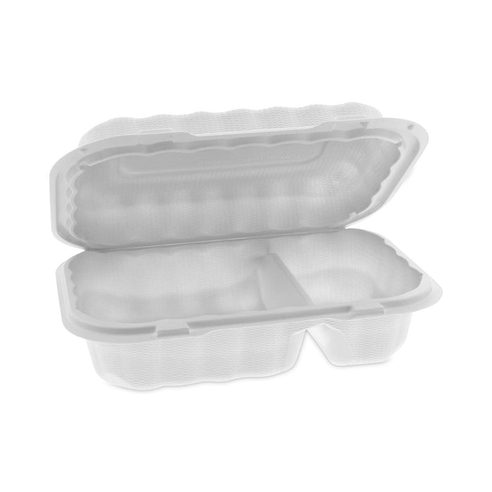 Pactiv Evergreen EarthChoice SmartLock Microwavable MFPP Hinged Lid Container, 2-Compartment, 9 x 6 x 3, White, Plastic, 270/Carton