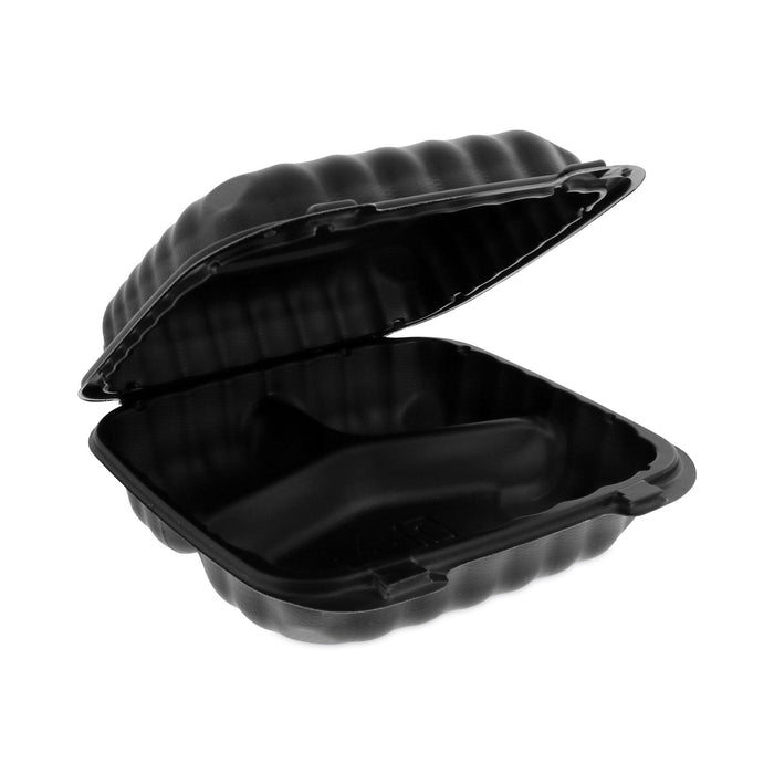 Pactiv Evergreen EarthChoice SmartLock Microwavable MFPP Hinged Lid Container, 3-Compartment, 8.3 x 8.3 x 3.4, Black, Plastic, 200/Carton
