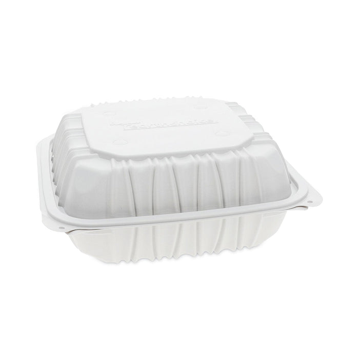 Pactiv Evergreen EarthChoice Vented Microwavable MFPP Hinged Lid Container, 8.5 x 8.5 x 3.1, White, Plastic, 146/Carton