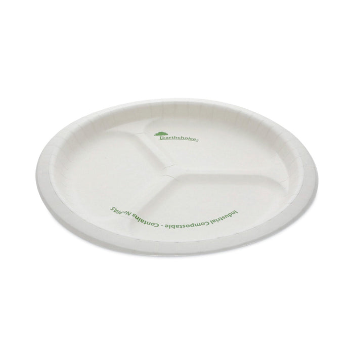 Pactiv Evergreen EarthChoice Pressware Compostable Dinnerware, 3-Compartment Plate, 10" dia, White, 250/Carton