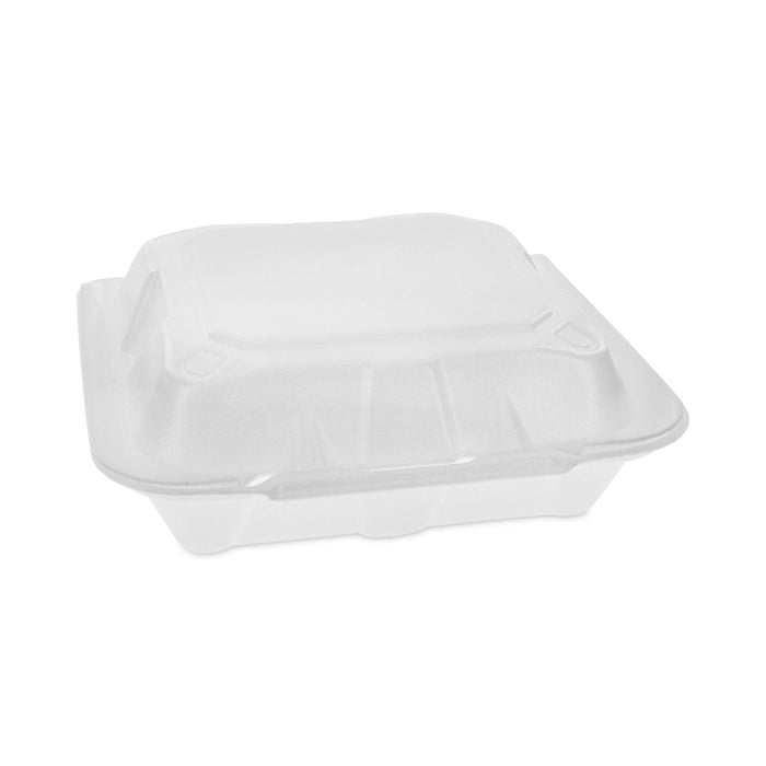 Pactiv Evergreen Vented Foam Hinged Lid Container, Dual Tab Lock Economy, 8.42 x 8.15 x 3, White, 150/Carton