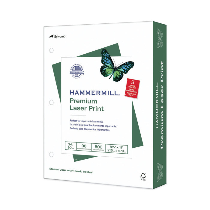 Hammermill Premium Laser Print Paper, 98 Bright, 3-Hole, 24 lb Bond Weight, 8.5 x 11, White, 500/Ream