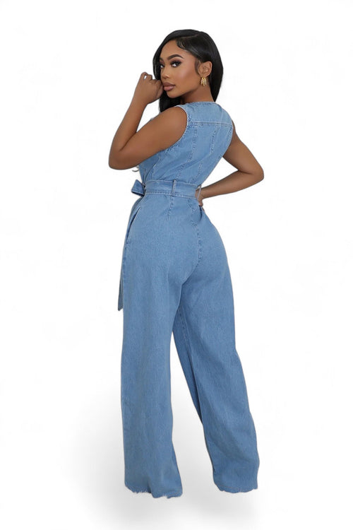 Denim Front Zipper Wide Leg Jumpsuit by The House of Stylez