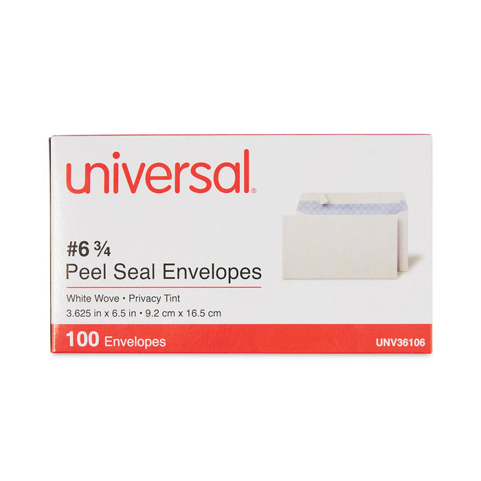 Universal Peel Seal Strip Security Tint Business Envelope, #6 3/4, Square Flap, Self-Adhesive Closure, 3.63 x 6.5, White, 100/Box