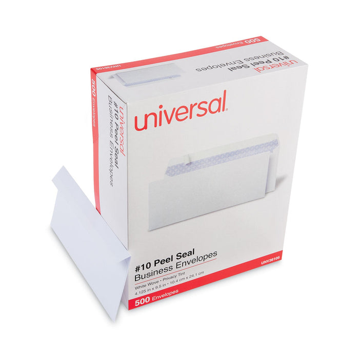 Universal Peel Seal Strip Security Tint Business Envelope, #10, Square Flap, Self-Adhesive Closure, 4.25 x 9.63, White, 500/Box