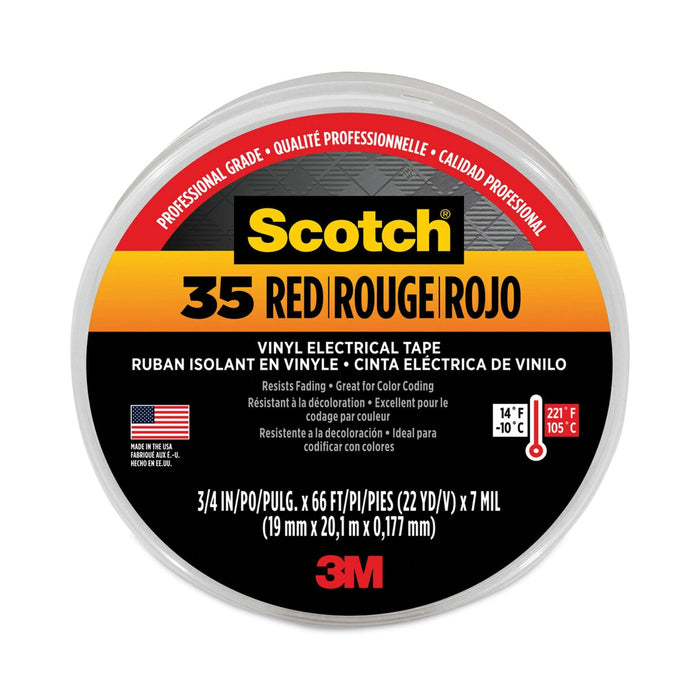 3M Scotch 35 Vinyl Electrical Color Coding Tape, 3" Core, 0.75" x 66 ft, Red