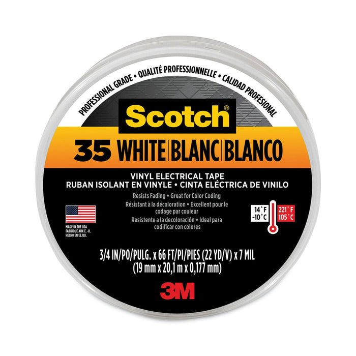 3M Scotch 35 Vinyl Electrical Color Coding Tape, 3" Core, 0.75" x 66 ft, White