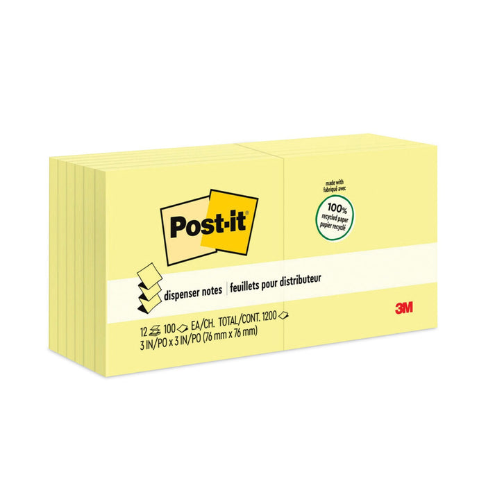 Post-it Original Recycled Pop-up Notes, 3" x 3", Canary Yellow, 100 Sheets/Pad, 12 Pads/Pack