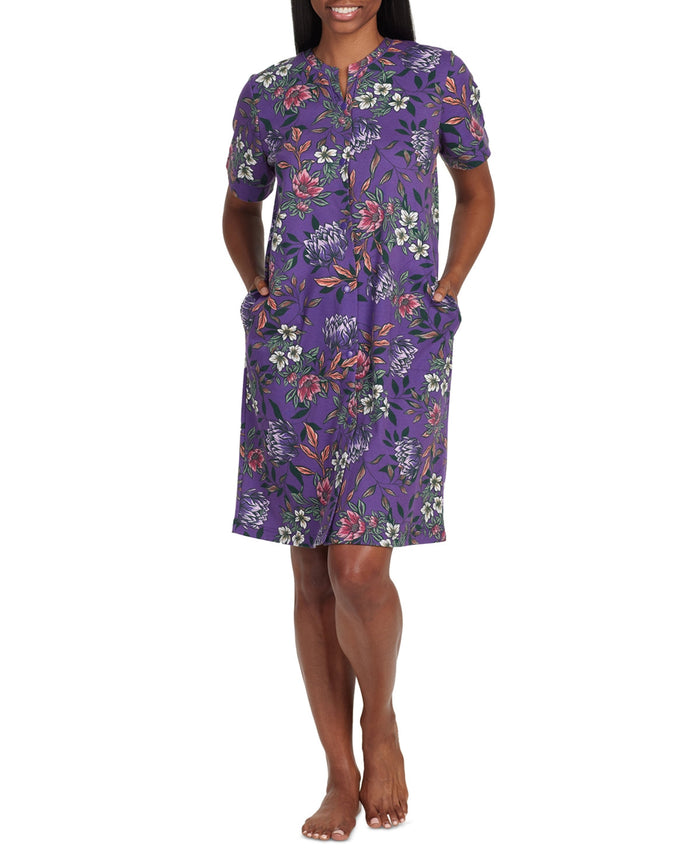 Miss Elaine Womens Floral Short-Sleeve Gripper Robe - Eggplant Multi Floral by Vanessa Jane