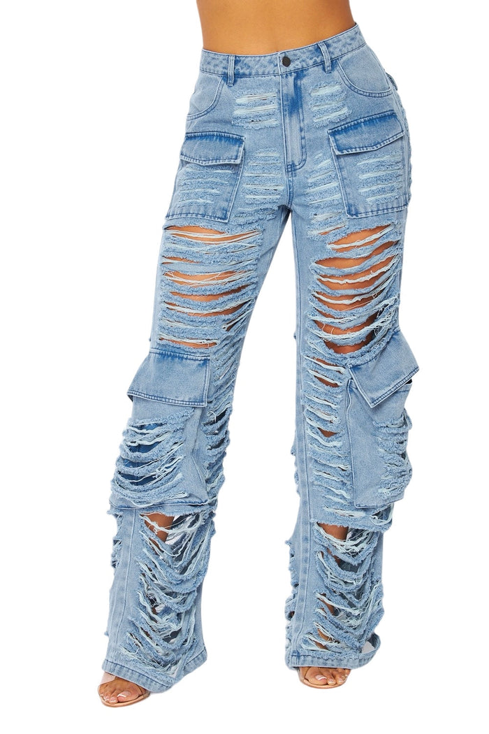 Total Distressed Denim Wide Leg Cargo Pants by The House of Stylez