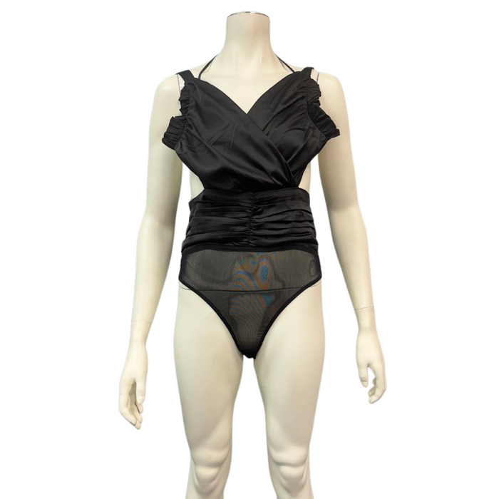 Lulus You Know the Frill Black Satin Ruffled Ruched Tie-Back Bodysuit, Size L by Vanessa Jane