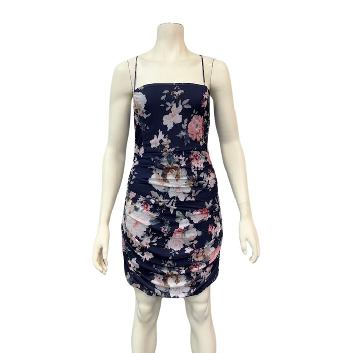 Lulus Lush Looks Navy Blue Floral Print Lace-Up Bodycon Mini Dress, XL by Vanessa Jane
