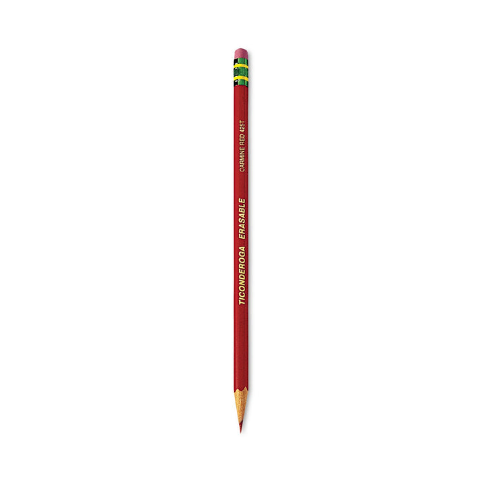 Ticonderoga Erasable Colored Pencils, 2.6 mm, 2B (#1), Carmine Red Lead, Carmine Red Barrel, Dozen