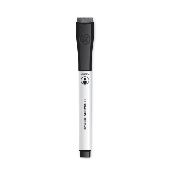 U Brands Medium Point Low-Odor Dry-Erase Markers with Erasers, Medium Bullet Tip, Black, Dozen