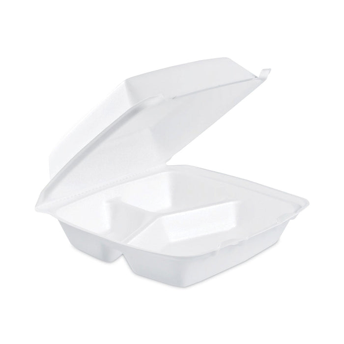 Dart Insulated Foam Hinged Lid Containers, 3-Compartment. 7.9 x 8.4 x 3.3, White, 200/Carton