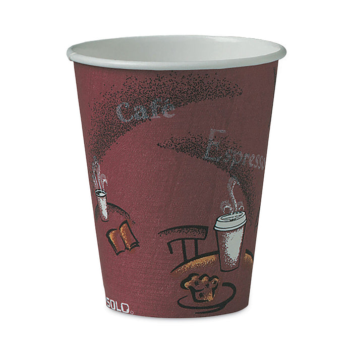 Dart Solo Paper Hot Drink Cups in Bistro Design, 8 oz, Maroon, 50/Bag, 20 Bags/Carton
