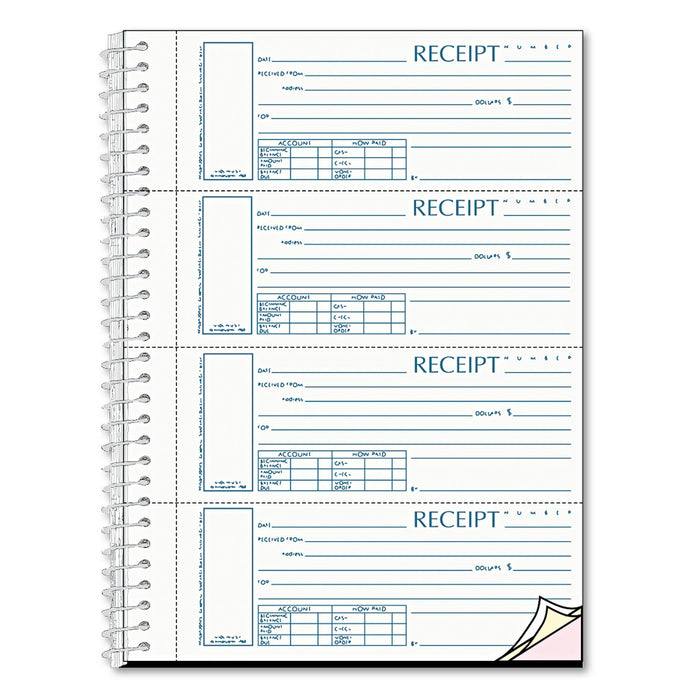 Rediform Spiralbound Unnumbered Money Receipt Book, Three-Part Carbonless, 7 x 2.75, 4/Page, 120 Forms