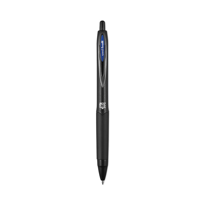 uniball 207 Plus+ Gel Pen, Retractable, Medium 0.7 mm, Blue Ink, Black Barrel, Dozen