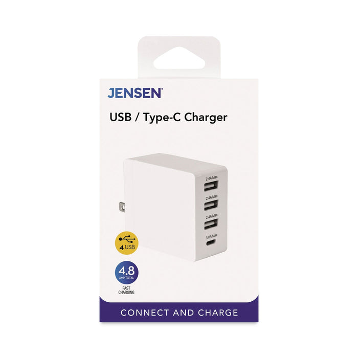 JENSEN 4-Port USB and Type-C Wall Charger, White