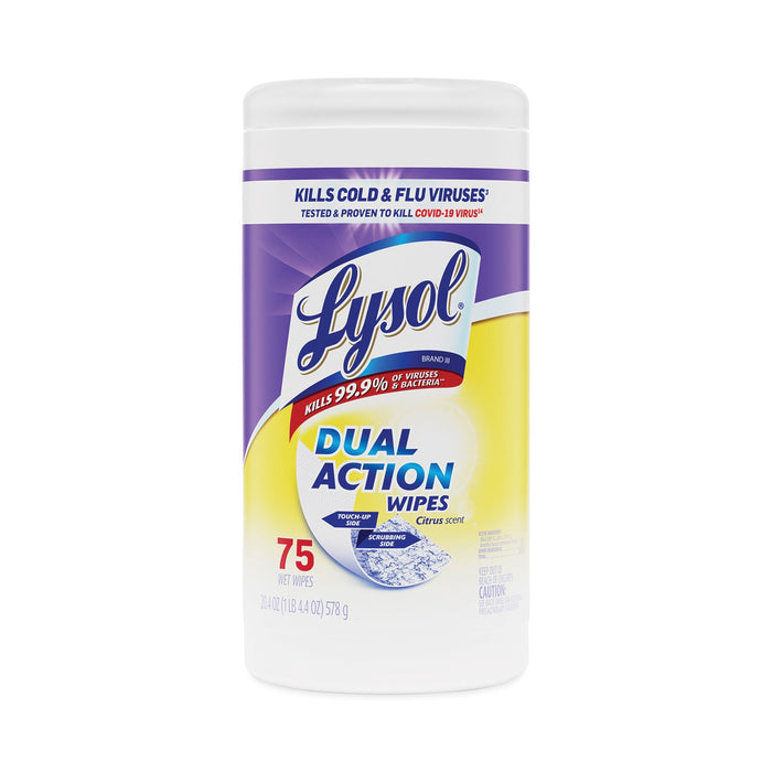 LYSOL Dual Action Disinfecting Wipes, 7 x 7.5, Citrus, White/Purple, 75/Canister, 6/Carton