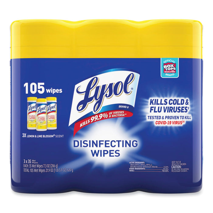 LYSOL Disinfecting Wipes, 7 x 7.25, Lemon and Lime Blossom, 35 Wipes/Canister, 3 Canisters/Pack, 4 Packs/Carton