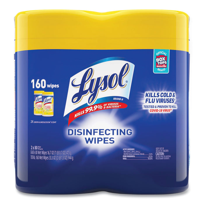 LYSOL Disinfecting Wipes, 7 x 7.25, Lemon and Lime Blossom, 80 Wipes/Canister, 2 Canisters/Pack, 3 Packs/Carton