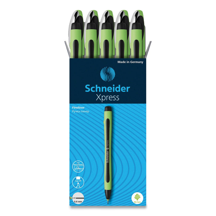 Schneider Xpress Fineliner Porous Point Pen, Stick, Medium 0.8 mm, Black Ink, Black/Green Barrel, 10/Box