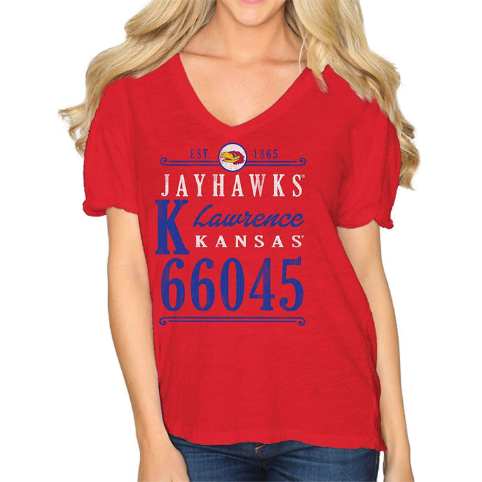 Original Retro Brand NCAA Kansas Jayhawks Womens Slub V Neck Tee, XL, Red by Vanessa Jane