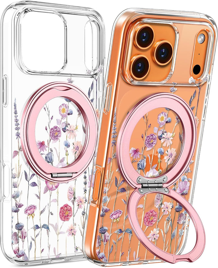 Magnetic Ring Stand Case for iPhone 17 Pro Purple Flower Clear Soft TPU Cover by Merch Section
