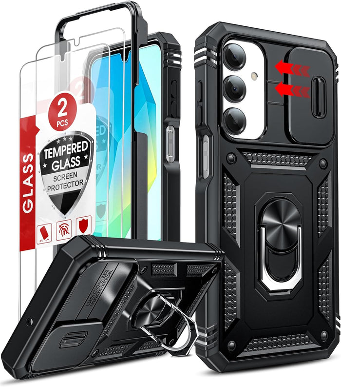 Military-Grade Magnetic Stand Case for Samsung Galaxy A17 6.7" with Screen Protector Slide Camera Cover Black by Merch Section