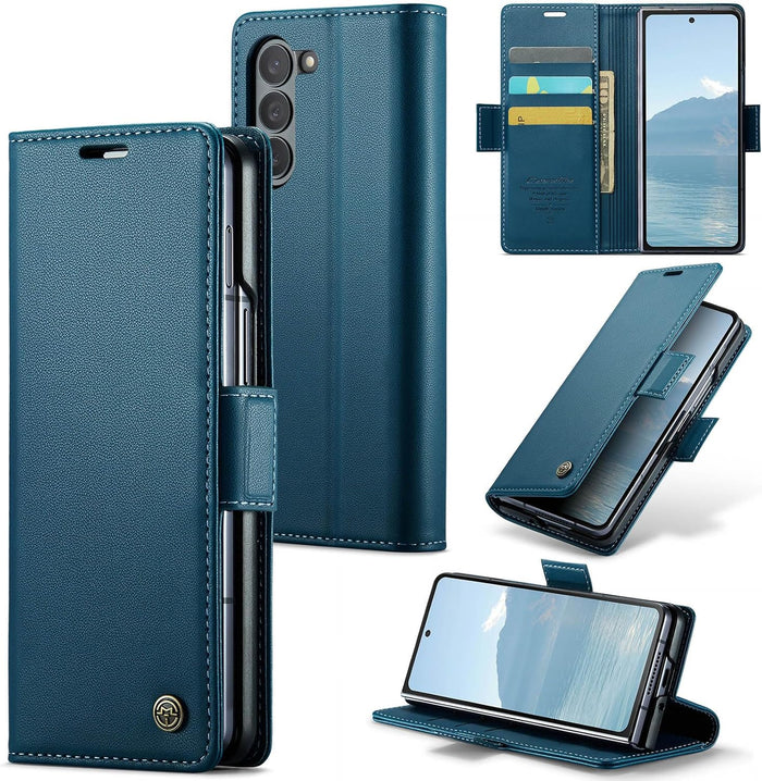 PU Leather Magnetic Flip Wallet Case for Samsung Galaxy Z Fold 6 with Card Holder Kickstand Blue by Merch Section