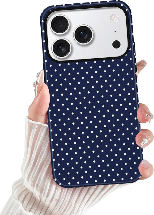 Navy Blue Polka Dot Case for iPhone 17 Pro Glossy Hybrid Hard Shell Scratch Resistant Cover by Merch Section