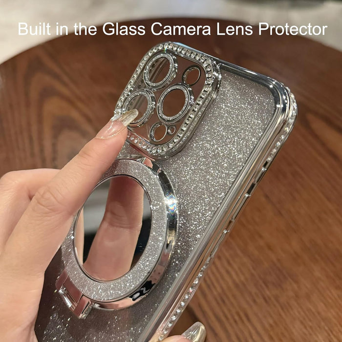 Magnetic Kickstand Glitter Case for iPhone 17 Pro 6.3" Silver Rhinestone MagSafe Compatible by Merch Section