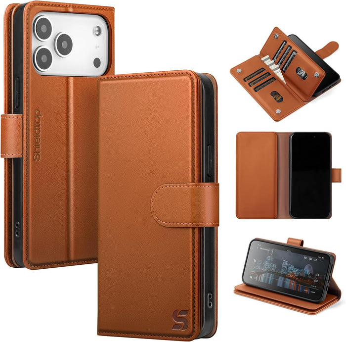 RFID Blocking Leather Folio Wallet Case for iPhone 17 Pro 6.3" Light Brown by Merch Section