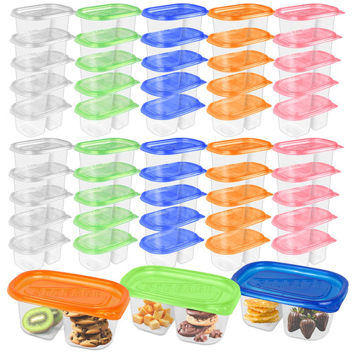 ISUSSER 50Pc Reusable Snack Pack Containers Double Compartment Clear Plastic by Deal US