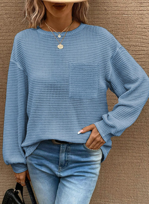 Dokotoo Women's Long Sleeve Waffle Crewneck Top Dusk Blue Size XX-Large by Deal US