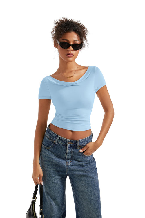 SUUKSESS Women Off Shoulder Cowl Neck Short Sleeve Top Light Blue Size M by Deal US