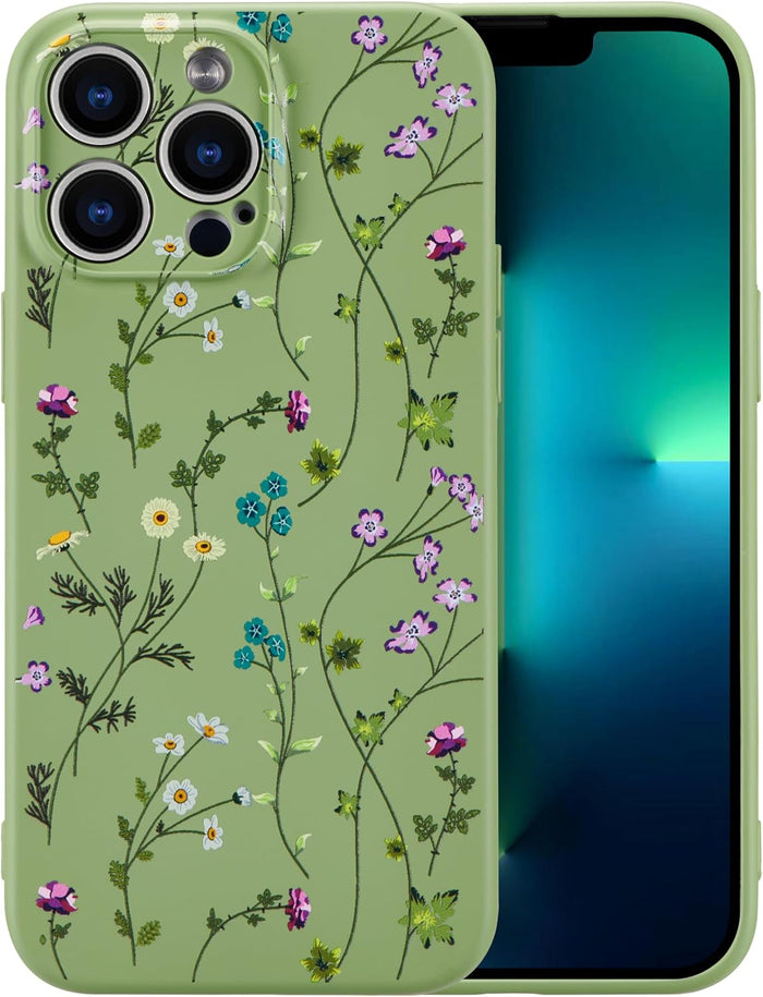 Cute Floral Pattern Case for iPhone 13 Pro Green Slim Silicone by Merch Section