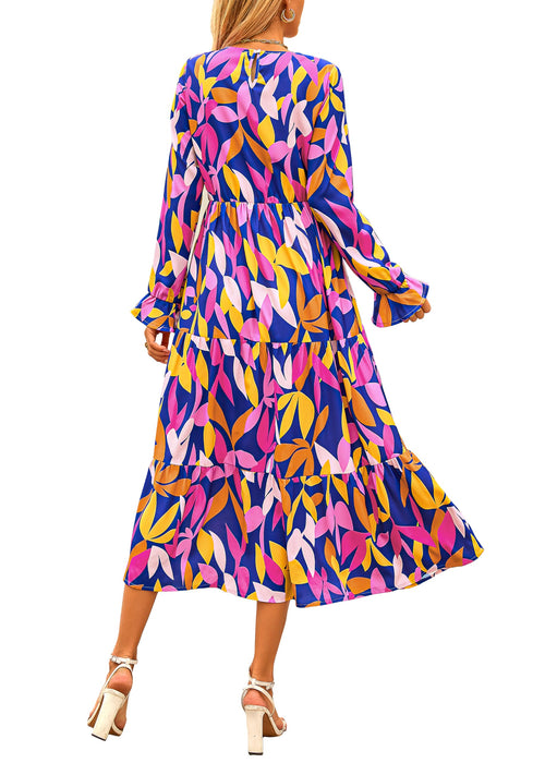 KIRUNDO Womens Long Sleeve Boho Floral Midi Dress Blue Purple Size M by Deal US