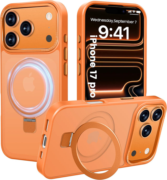 Magnetic Ring Stand Case for iPhone 17 Pro Orange Military-Grade Anti-Scratch Translucent Matte Cover by Merch Section
