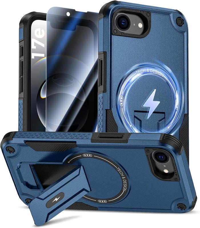 Magnetic Case for iPhone 17e/16e 6.1" Blue with Privacy Screen Protector and Invisible Kickstand by Merch Section