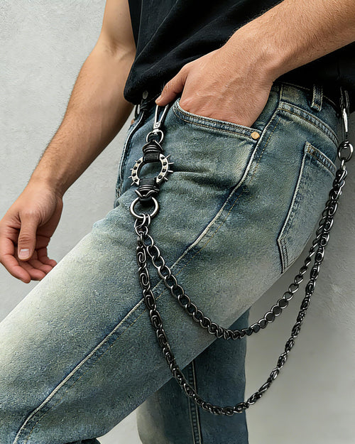 SISICHIC Pants Jean Chain: Pocket Wallet Purse Chain Belt for Biker, Heavy Streetwear Grunge Punk Goth Rockstar Pirate Accessories - Carabiner Black Leather