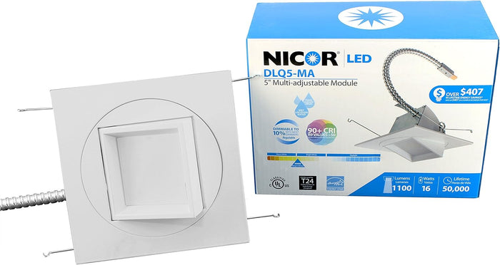 NICOR Lighting 5-Inch Multi-Adjustable Square 3000K LED Downlight Fixture by Vanessa Jane